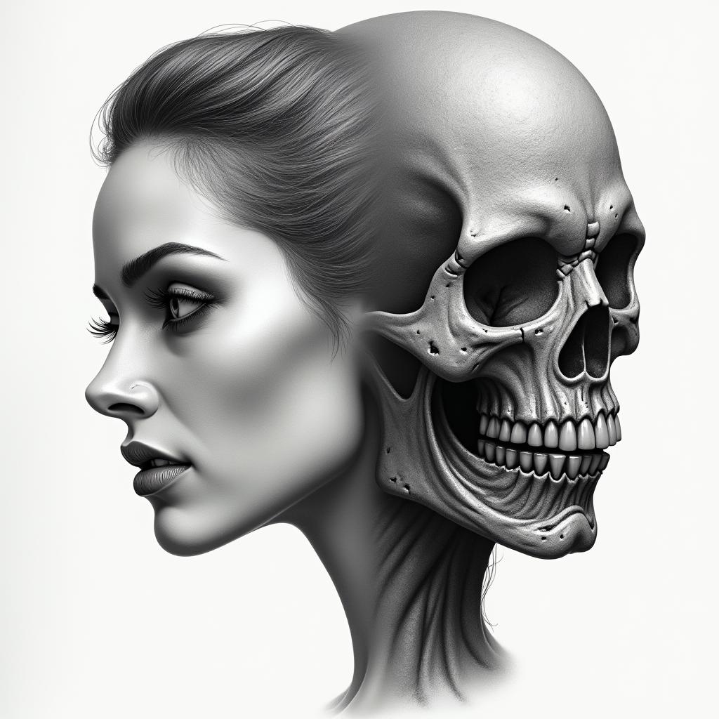 Make me a face, one side is a beautiful woman and the other side is a zombiein realism tattoo style, featuring a highly detailed, lifelike, capturing every detail, photorealistic, ultra realistic, intricate shading, smooth and sharp, - Variation 2