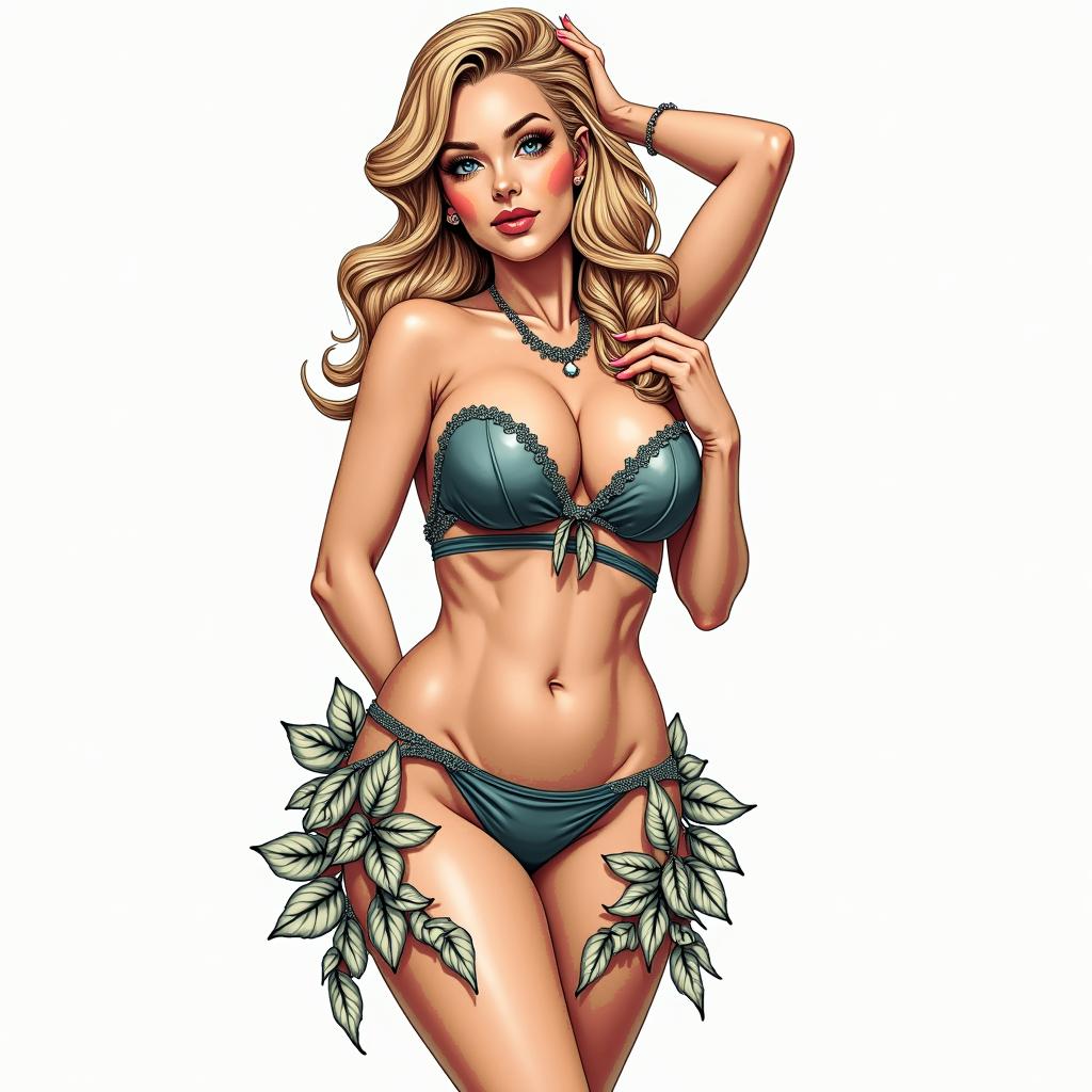 Create a pin-up girl with blonde hair in Hawaii. Full breasts, shapely butt. Retro in color, candy style.in new school tattoo, pop culture, modern, detailed tattoo, illustrative - Variation 3