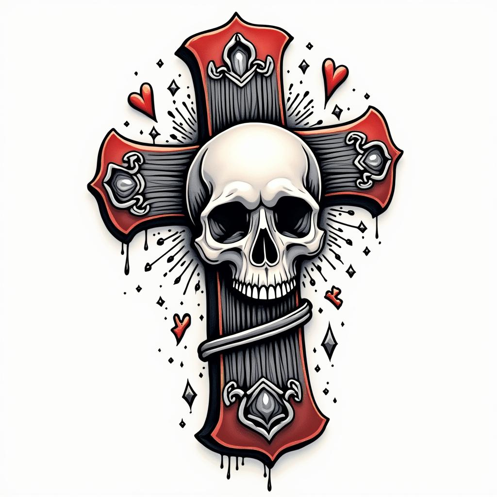 A classy, original, crossin pop art style tattoo, featuring bold and vibrant colors, exaggerated outlines, iconic imagery, inspired by comic books and speech bubbles, comic book characters, retro pop culture - Variation 2