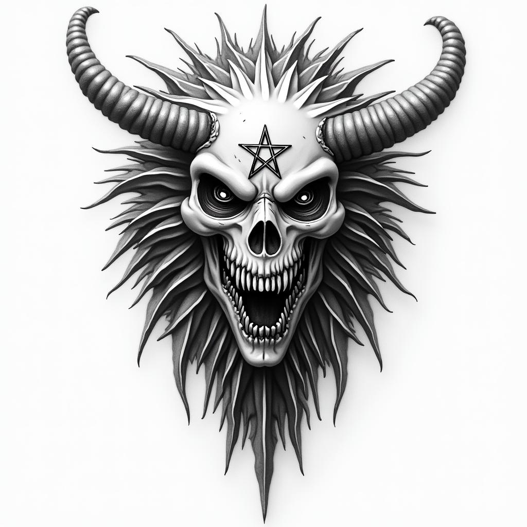 Pelleteuse caterpillarcreepy horror tattoo style, featuring an eerie and unsettling skull of a demonic creature, distorted face with sharp fangs, add pentagram symbol