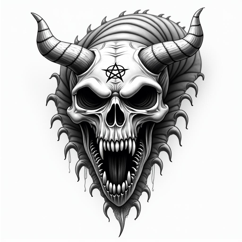 Pelleteuse caterpillarcreepy horror tattoo style, featuring an eerie and unsettling skull of a demonic creature, distorted face with sharp fangs, add pentagram symbol - Variation 4