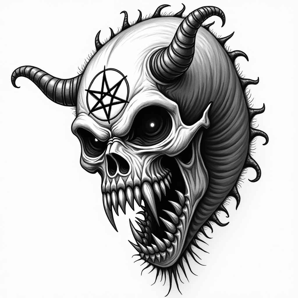 Pelleteuse caterpillarcreepy horror tattoo style, featuring an eerie and unsettling skull of a demonic creature, distorted face with sharp fangs, add pentagram symbol - Variation 3