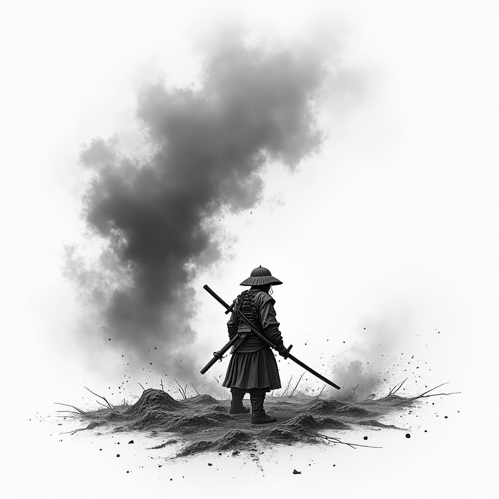 Japanese battle scene. 1 lone soldier leftin japanese style tattoo, detailed tattoo, traditional japanese culture tattoo, mythology, 8k