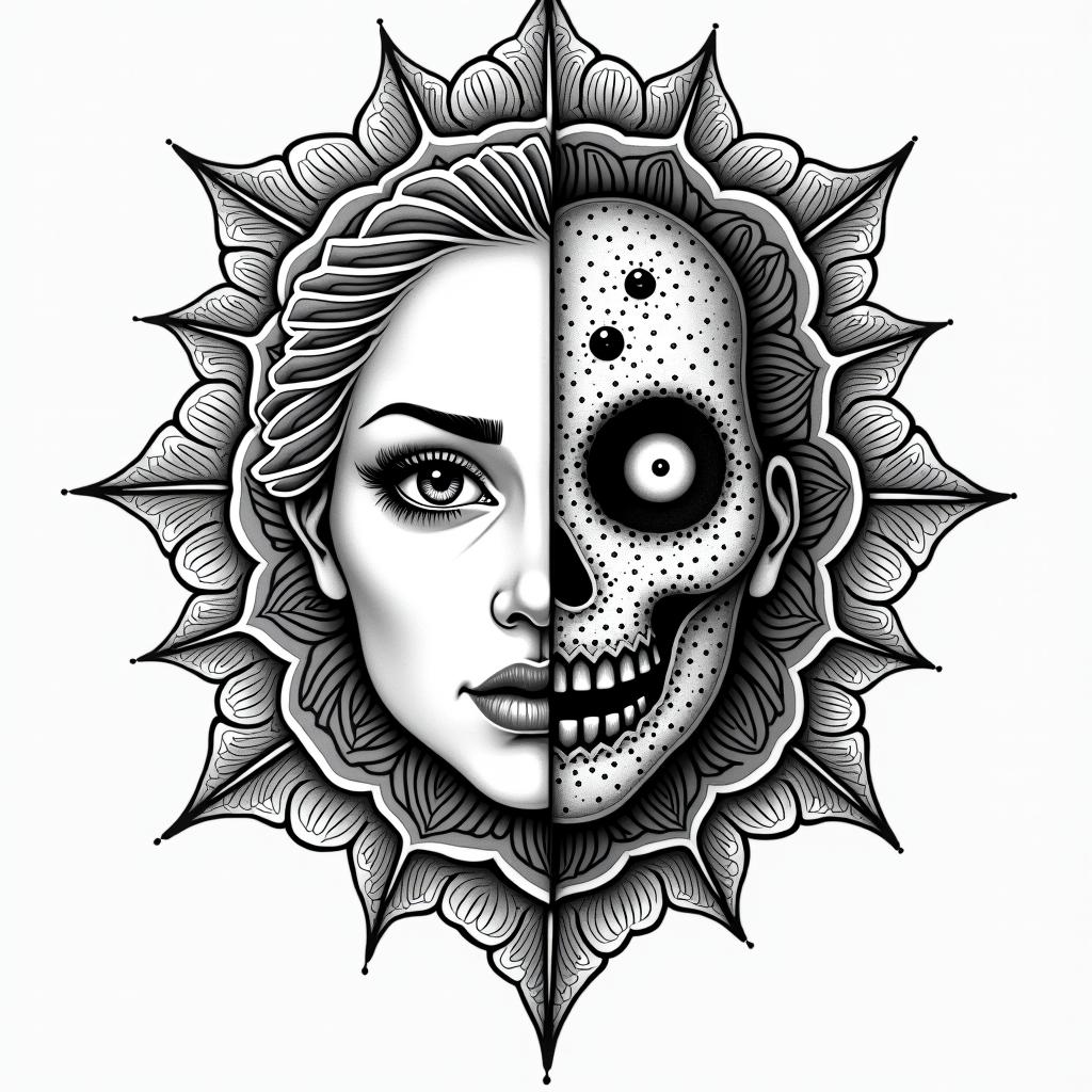 Make me a face, one side is a beautiful woman and the other side is a zombiein dotwork style tattoo, complex mandala patterns, interlocking geometric shapes with sharp symmetry, clean lines, sharp angles - Variation 4