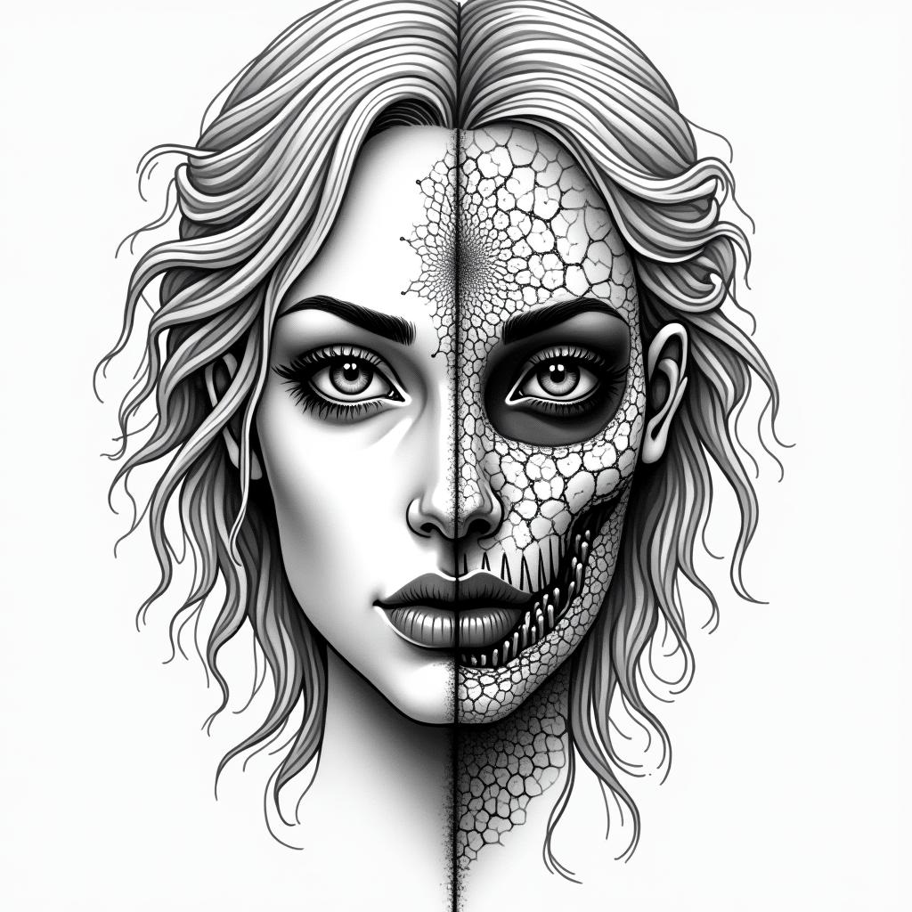 Make me a face, one side is a beautiful woman and the other side is a zombiein dotwork style tattoo, complex mandala patterns, interlocking geometric shapes with sharp symmetry, clean lines, sharp angles - Variation 2