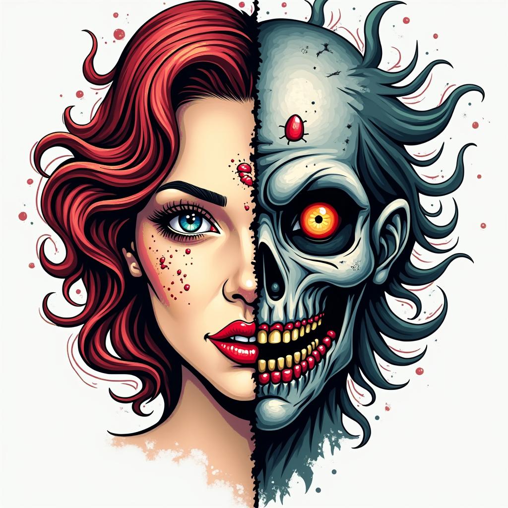 Make me a face, one side is a beautiful woman and the other side is a zombiein pop art style tattoo, featuring bold and vibrant colors, exaggerated outlines, iconic imagery, inspired by comic books and speech bubbles, comic book characters, retro pop culture - Variation 3