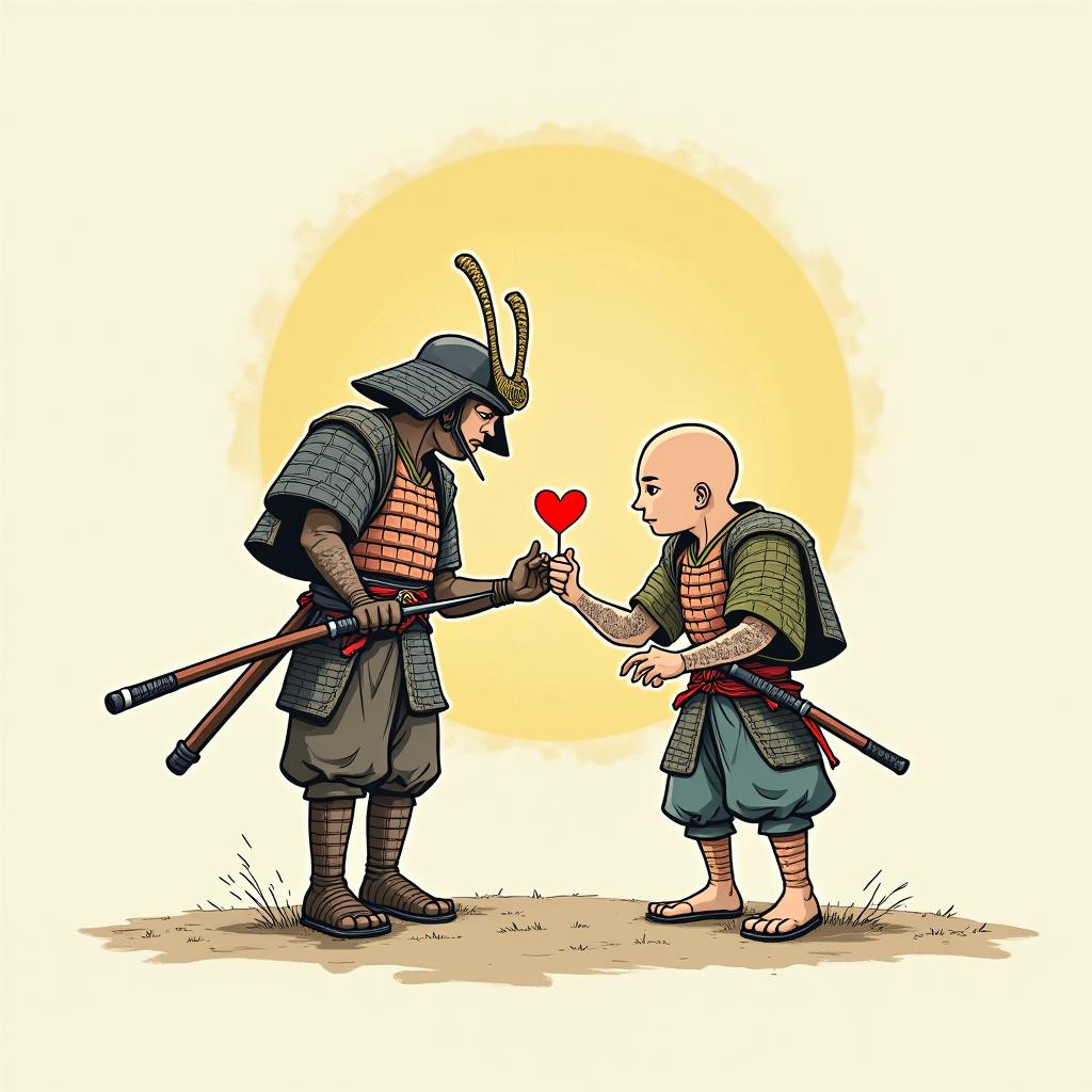 Samurai brain fighting samurai heartGhibli, Studio Ghibli aesthetic, hand-drawn anime style, retro nostalgic atmosphere, retro soft pastel color palette with earthy tones, retro Japanese cinematic shot, yellow tint effect, bald character, smooth surface, anime shadow 90's anime style