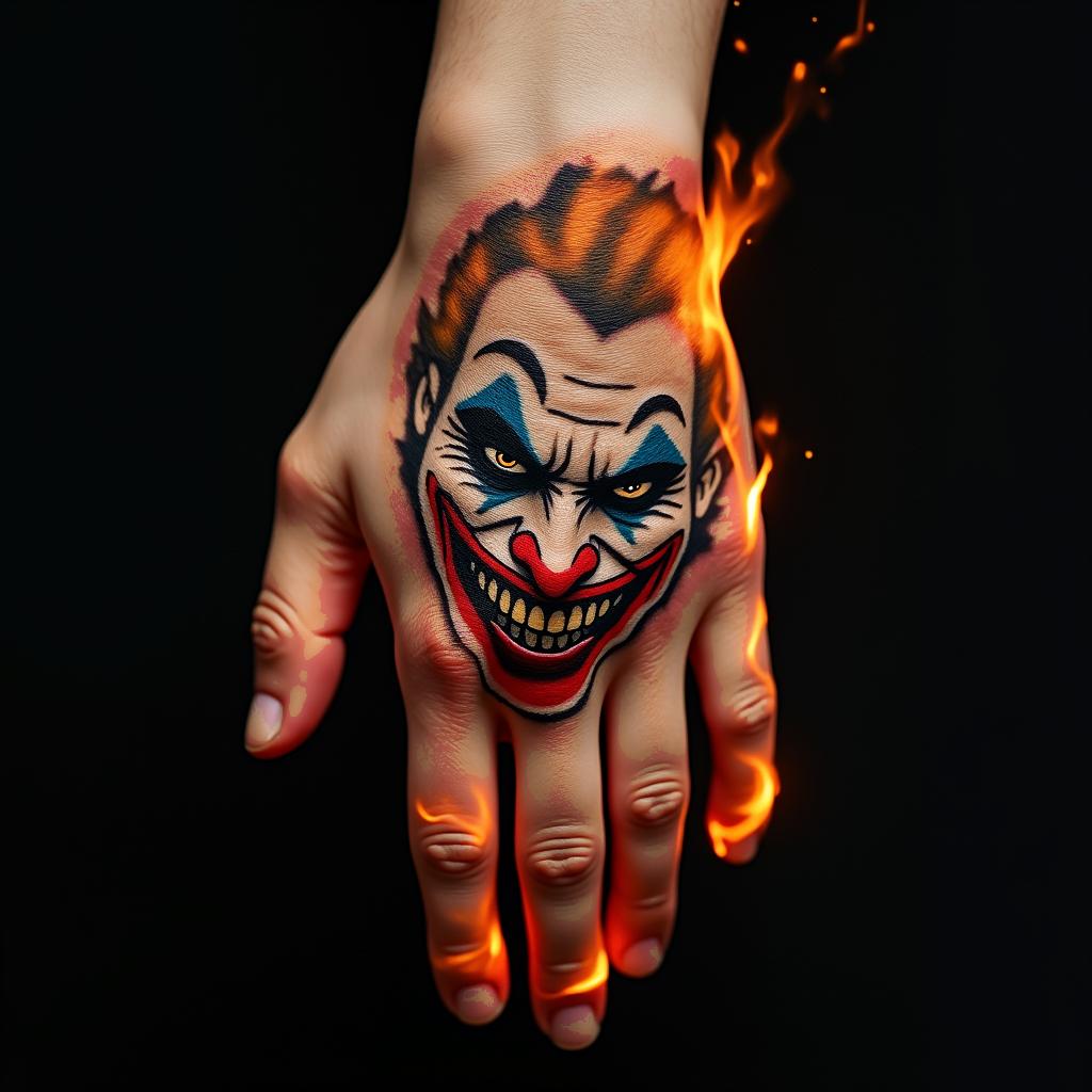 The Joker with a menacing smilein flame tattoo style showcasing fiery elements with dynamic flame patterns, glowing effect of flames, natural colors