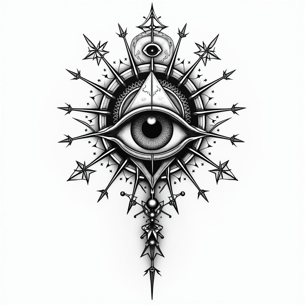 Astronomy, family, god, exclusivityin prophecy tattoo style, featuring mystical symbols, celestial imagery like stars, moons, suns, geometric patterns, foretelling elements, an eye of wisdom - Variation 2