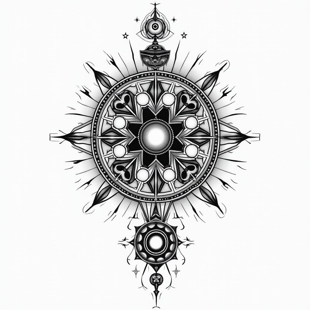 Astronomy, family, god, exclusivityin prophecy tattoo style, featuring mystical symbols, celestial imagery like stars, moons, suns, geometric patterns, foretelling elements, an eye of wisdom - Variation 3