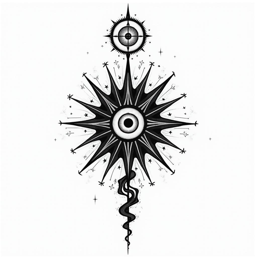 Astronomy, family, god, exclusivityin prophecy tattoo style, featuring mystical symbols, celestial imagery like stars, moons, suns, geometric patterns, foretelling elements, an eye of wisdom