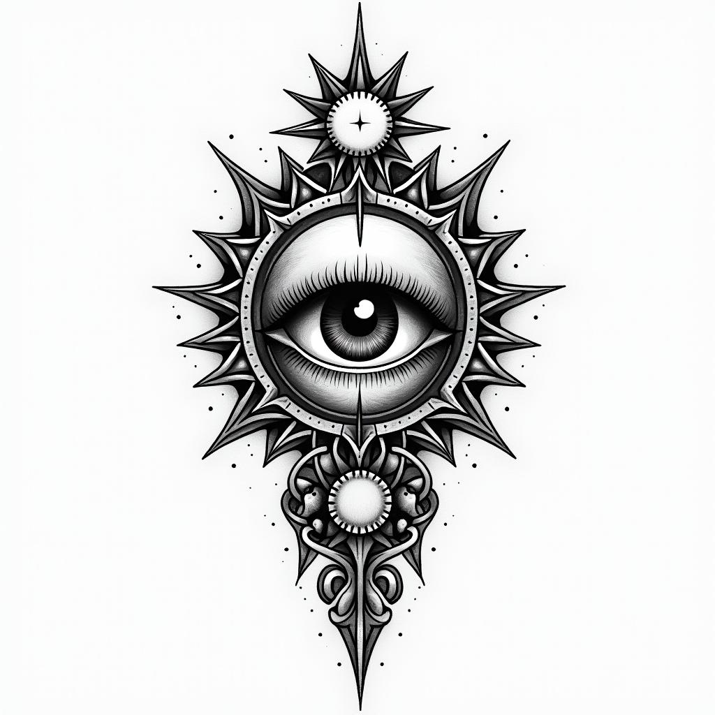 Astronomy, family, god, exclusivityin prophecy tattoo style, featuring mystical symbols, celestial imagery like stars, moons, suns, geometric patterns, foretelling elements, an eye of wisdom - Variation 4