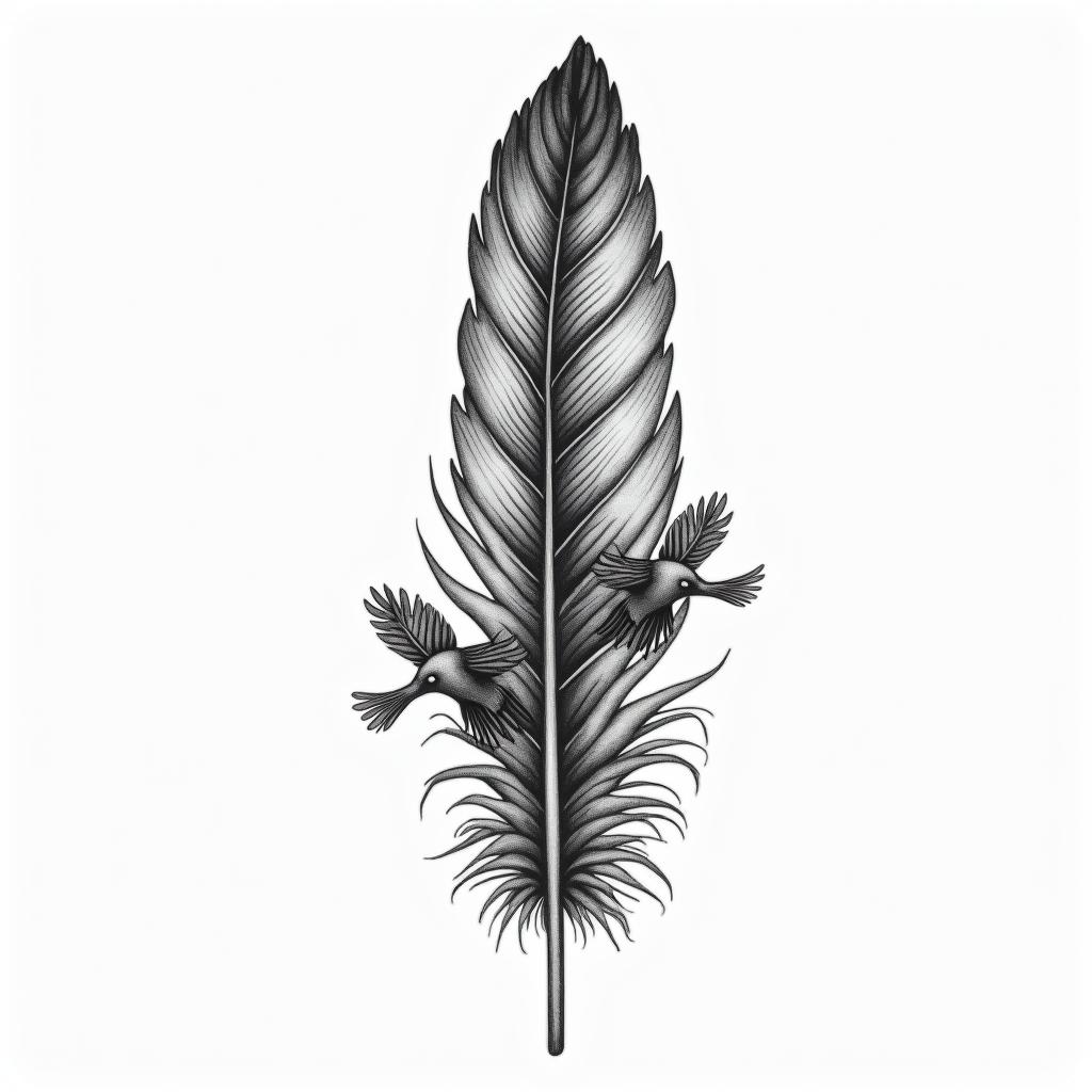 Feather with birdshigly detailed tattoo - Variation 8