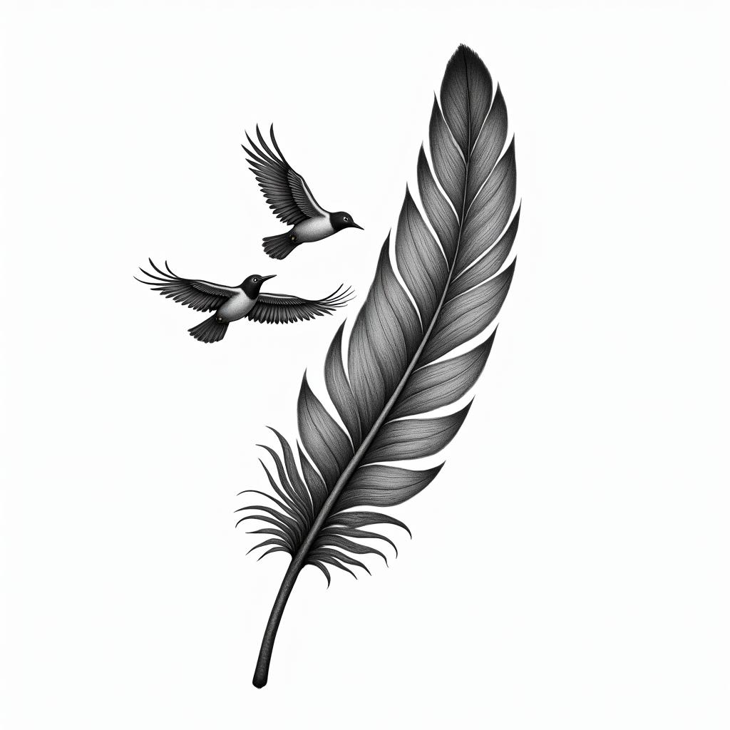 Feather with birdshigly detailed tattoo - Variation 6