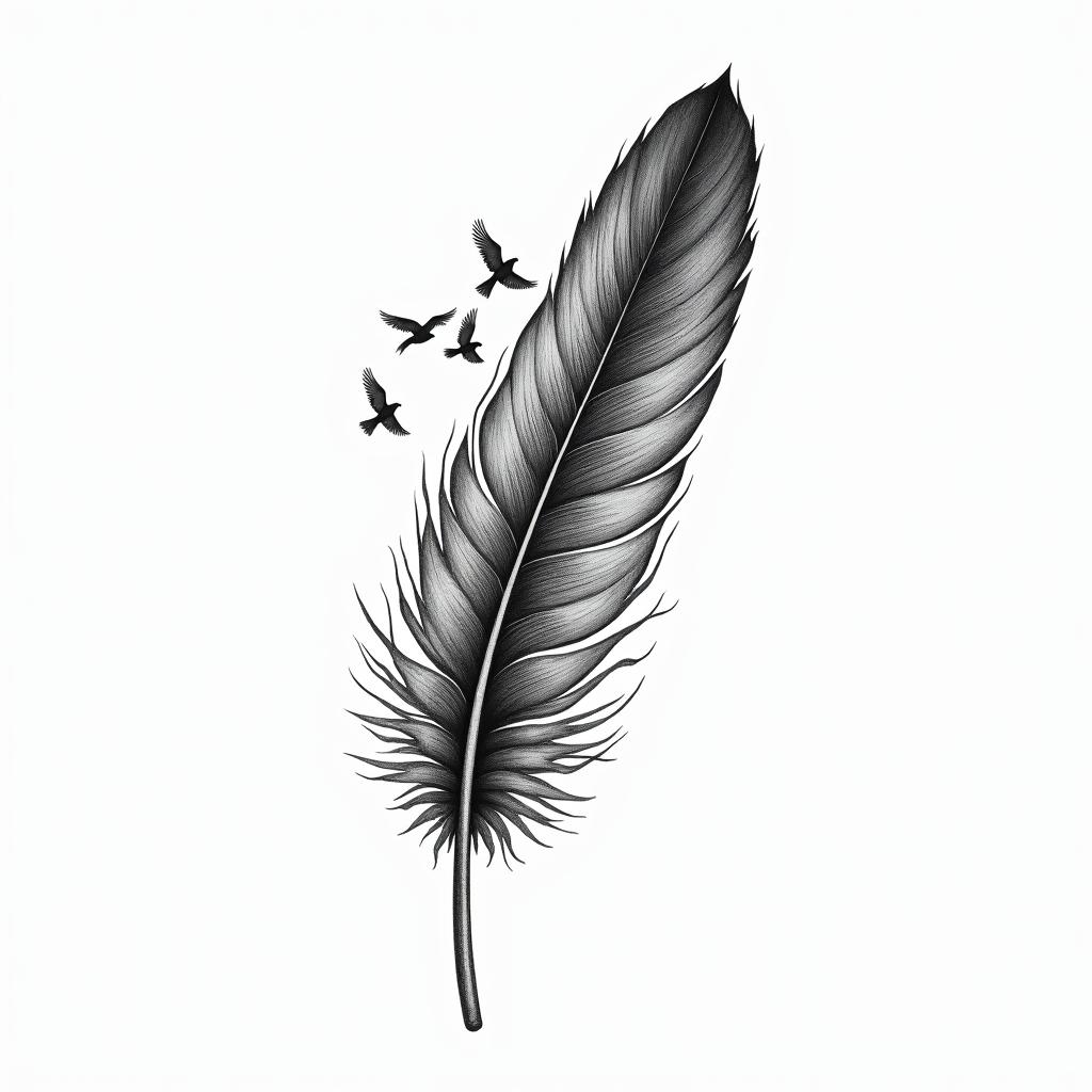 Feather with birdshigly detailed tattoo - Variation 5