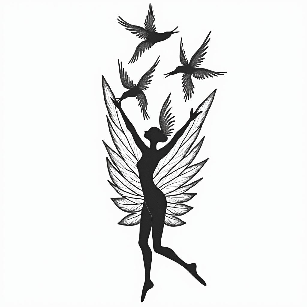 Feather with flying birdsabstract dancing figures in Keith Haring style, featuring bold black outlines and solid color fills, figures posed in dynamic and playful dance movements, minimalist design