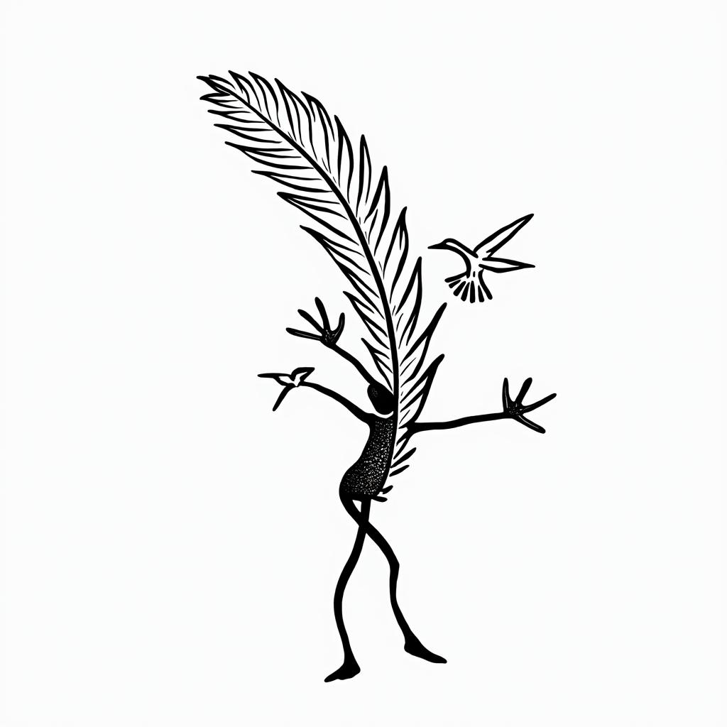 Feather with flying birdsabstract dancing figures in Keith Haring style, featuring bold black outlines and solid color fills, figures posed in dynamic and playful dance movements, minimalist design - Variation 2
