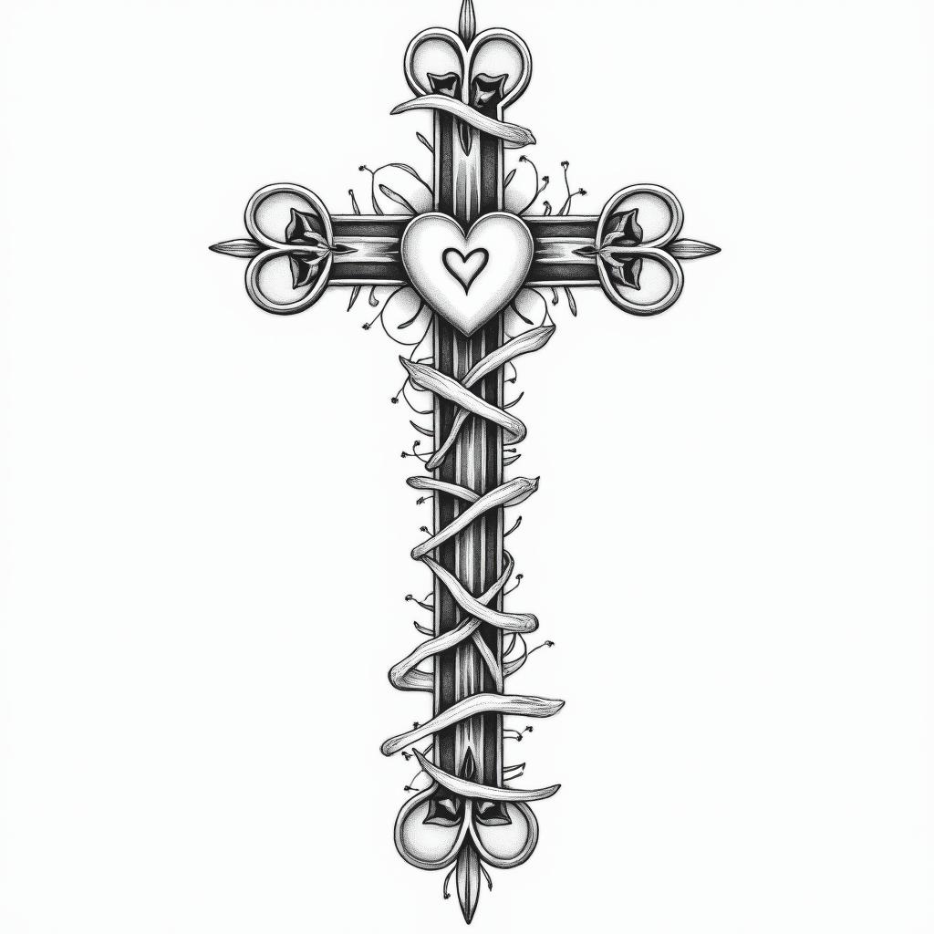 Rosary with quotes from biblein Modest style tattoo, featuring soft, delicate line work with simple and meaningful symbols, gentle waves, a heart, evoking a sense of serenity and grace, - Variation 3
