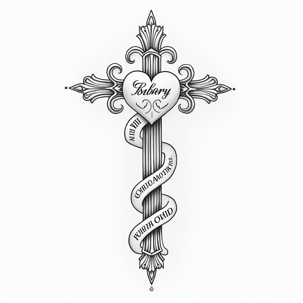 Rosary with quotes from biblein Modest style tattoo, featuring soft, delicate line work with simple and meaningful symbols, gentle waves, a heart, evoking a sense of serenity and grace,