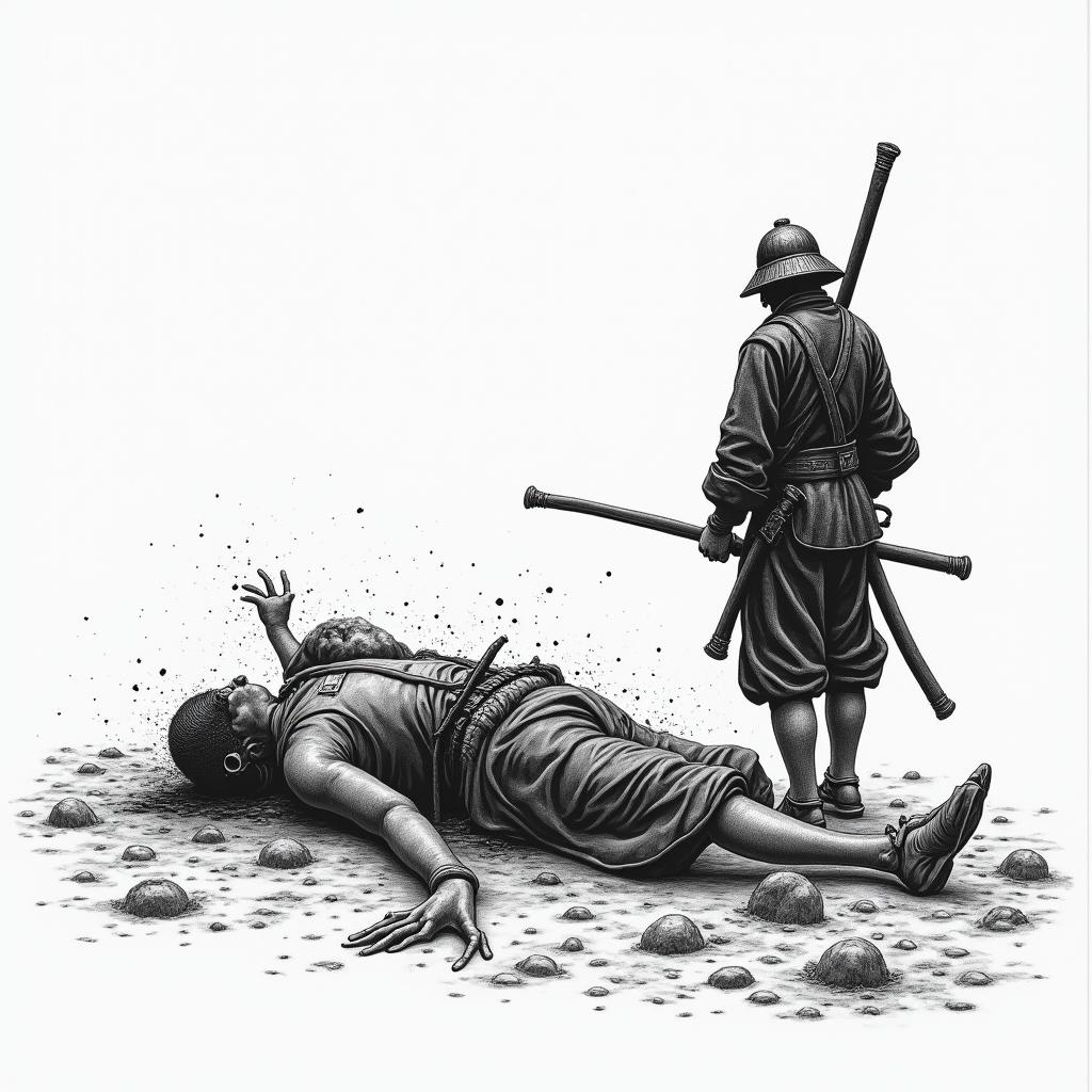 Japanese battle scene. 1 lone soldier left. Bodies on the groundin japanese style tattoo, detailed tattoo, traditional japanese culture tattoo, mythology, 8k - Variation 7