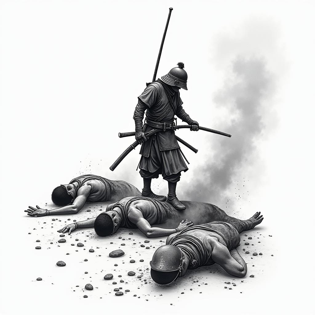 Japanese battle scene. 1 lone soldier left. Bodies on the groundin japanese style tattoo, detailed tattoo, traditional japanese culture tattoo, mythology, 8k - Variation 6