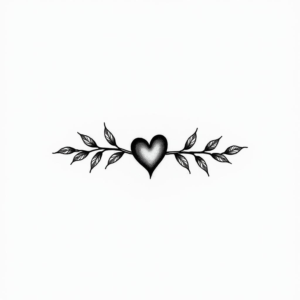 Vines black simplein Modest style tattoo, featuring soft, delicate line work with simple and meaningful symbols, gentle waves, a heart, evoking a sense of serenity and grace,