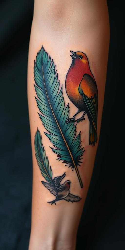 Feather with birdshigly detailed tattoo - Variation 4