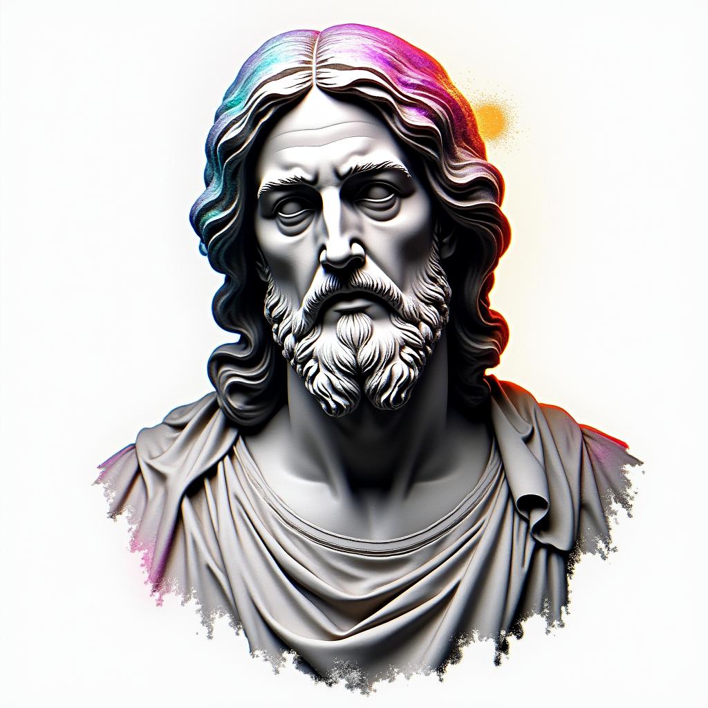 Jesus Christin distorted and fragmented tattoo design, featuring a classical statue bust, in a glitch art style with vibrant, overlapping colors of cyan, magenta, and yellow, creating a digital distortion effect - Variation 4
