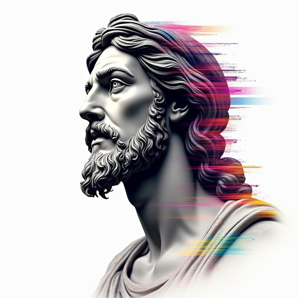 Jesus Christin distorted and fragmented tattoo design, featuring a classical statue bust, in a glitch art style with vibrant, overlapping colors of cyan, magenta, and yellow, creating a digital distortion effect - Variation 2