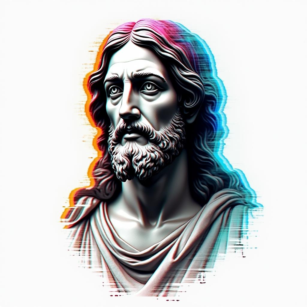 Jesus Christin distorted and fragmented tattoo design, featuring a classical statue bust, in a glitch art style with vibrant, overlapping colors of cyan, magenta, and yellow, creating a digital distortion effect - Variation 3