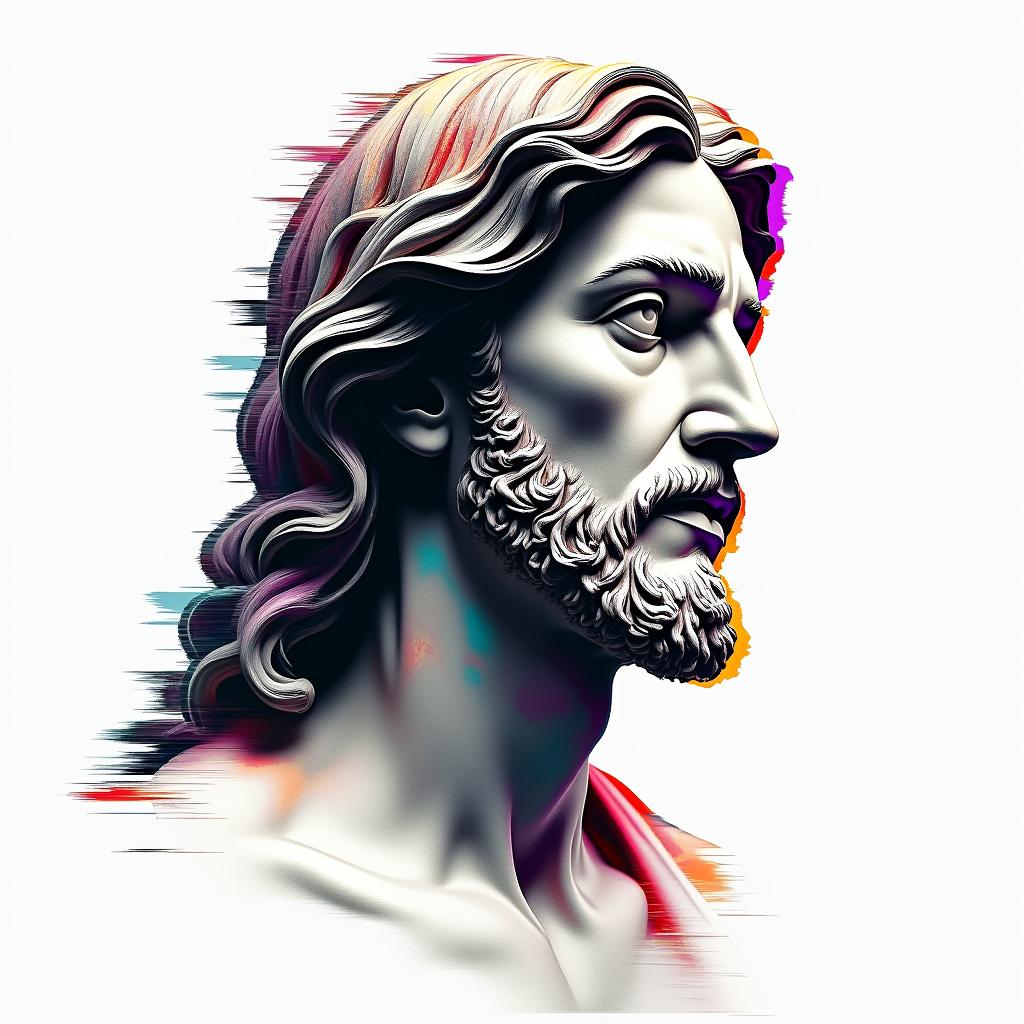 Jesus Christin distorted and fragmented tattoo design, featuring a classical statue bust, in a glitch art style with vibrant, overlapping colors of cyan, magenta, and yellow, creating a digital distortion effect