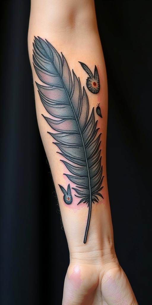 Feather with birdsin japanese style tattoo, detailed tattoo, traditional japanese culture tattoo, mythology, 8k