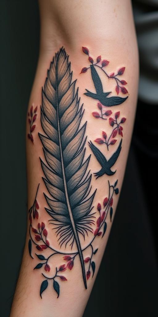 Feather with birdsin japanese style tattoo, detailed tattoo, traditional japanese culture tattoo, mythology, 8k - Variation 3