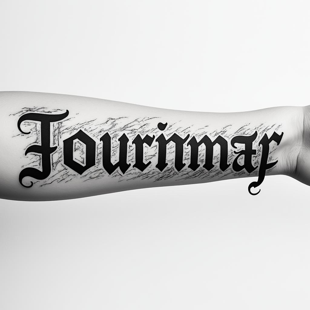 The word φιλότιμο stretched horizontally across my inner forearm with river streams sketches around converging symbolizing journeytext-based tattoo, gothic font ultra-realistic, perfectly placed, high-quality font design, photo-realistic shading, 8k, high quality, finely detailed typography