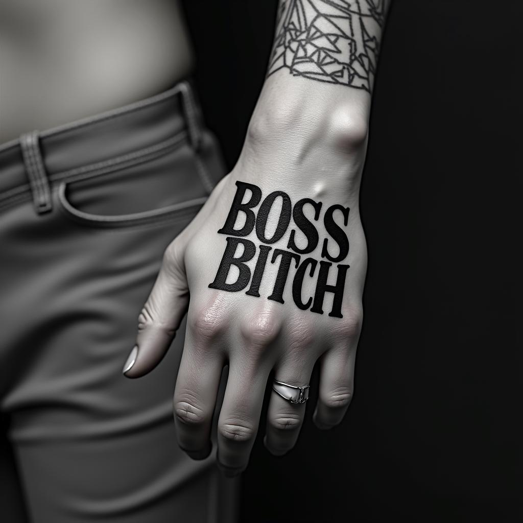 BOSS Bitchtext-based tattoo, gothic font ultra-realistic, perfectly placed, high-quality font design, photo-realistic shading, 8k, high quality, finely detailed typography - Variation 4