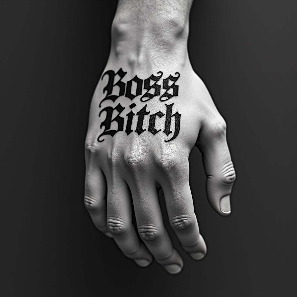 BOSS Bitchtext-based tattoo, gothic font ultra-realistic, perfectly placed, high-quality font design, photo-realistic shading, 8k, high quality, finely detailed typography - Variation 3