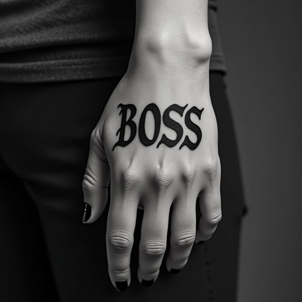 BOSS Bitchtext-based tattoo, gothic font ultra-realistic, perfectly placed, high-quality font design, photo-realistic shading, 8k, high quality, finely detailed typography - Variation 2