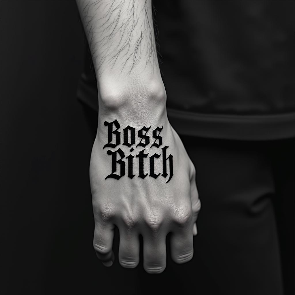 BOSS Bitchtext-based tattoo, gothic font ultra-realistic, perfectly placed, high-quality font design, photo-realistic shading, 8k, high quality, finely detailed typography