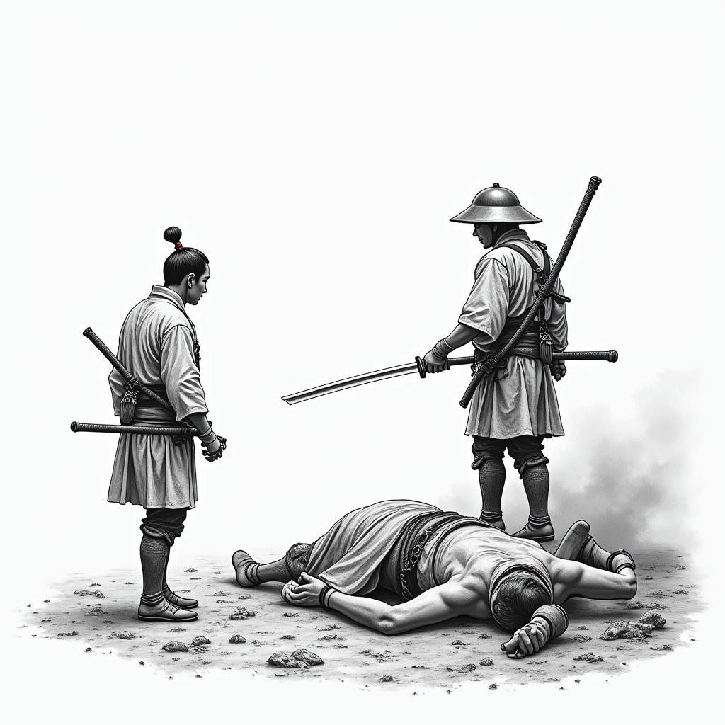 Japanese battle scene. 1 lone soldier left. Bodies on the groundin japanese style tattoo, detailed tattoo, traditional japanese culture tattoo, mythology, 8k - Variation 3