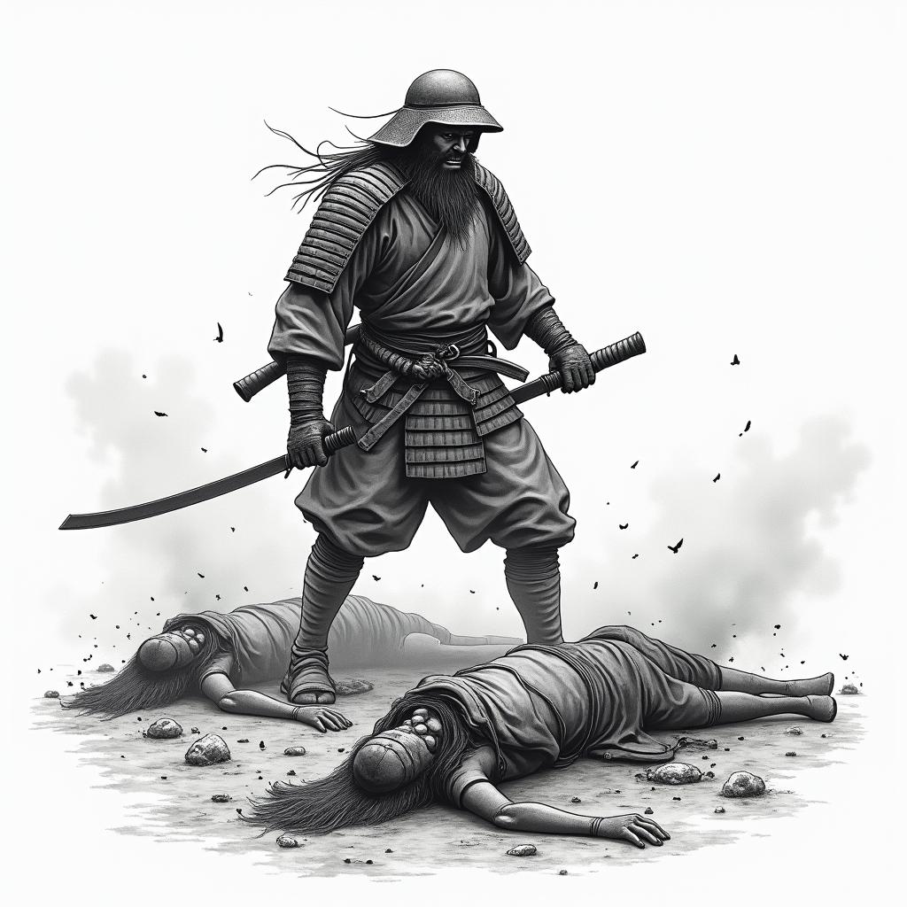 Japanese battle scene. 1 lone soldier left. Bodies on the groundin japanese style tattoo, detailed tattoo, traditional japanese culture tattoo, mythology, 8k - Variation 4