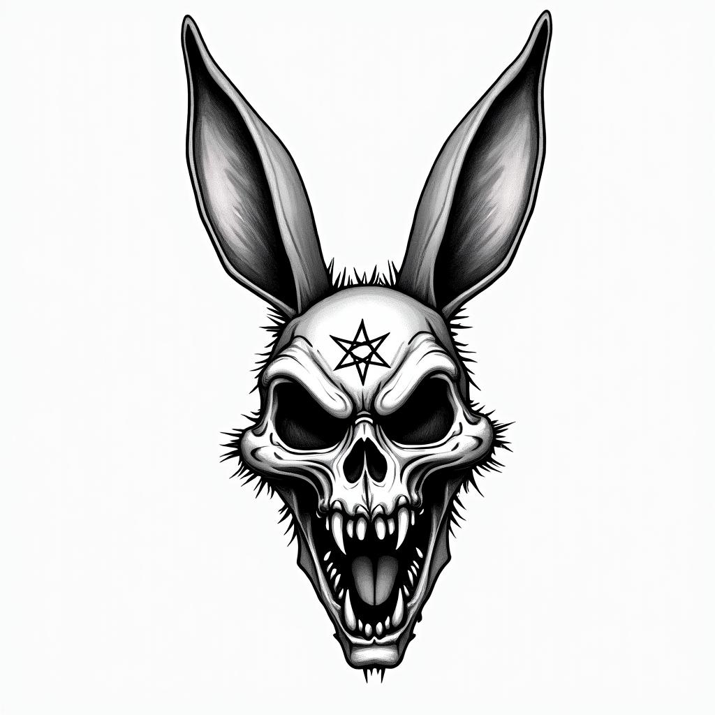Bug Bunny Looney Tunescreepy horror tattoo style, featuring an eerie and unsettling skull of a demonic creature, distorted face with sharp fangs, add pentagram symbol