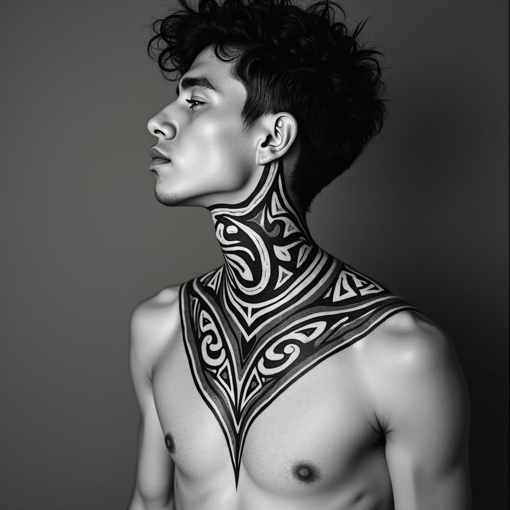 Sagittariusin tribal tattoo style, featuring bold and black geometric shapes, curved lines, intertwine and flow seamlessly, creating a powerful and symbolic design, polynesian and maori styles - Variation 61