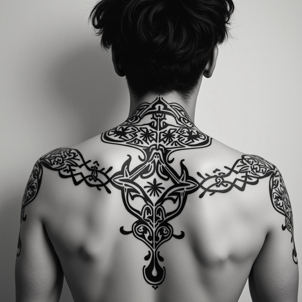 Sagittariusin tribal tattoo style, featuring bold and black geometric shapes, curved lines, intertwine and flow seamlessly, creating a powerful and symbolic design, polynesian and maori styles - Variation 62