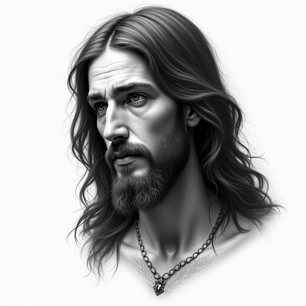 Jesus Christin portrait tattoo style, featuring a highly realistic and detailed depiction - Variation 2