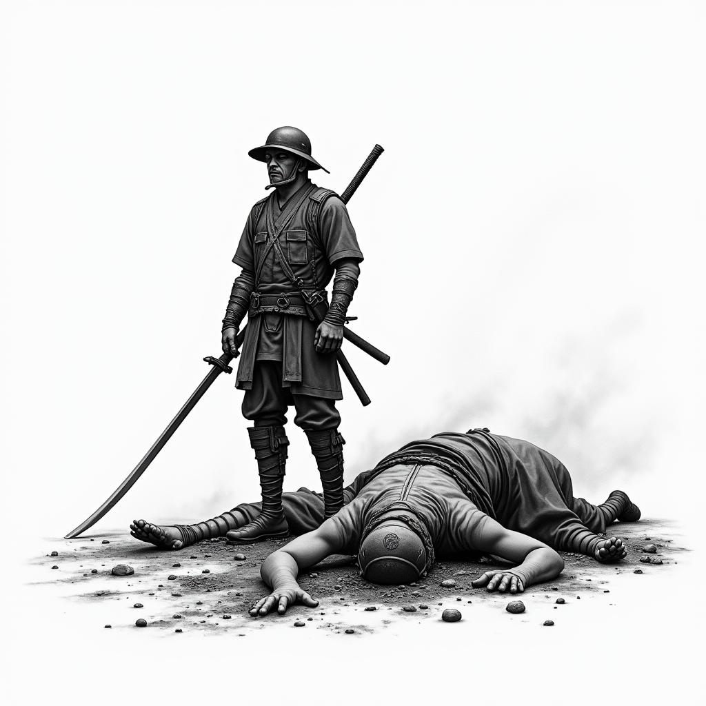 Japanese battle scene. 1 lone soldier left. Bodies on the ground behind himin japanese style tattoo, detailed tattoo, traditional japanese culture tattoo, mythology, 8k