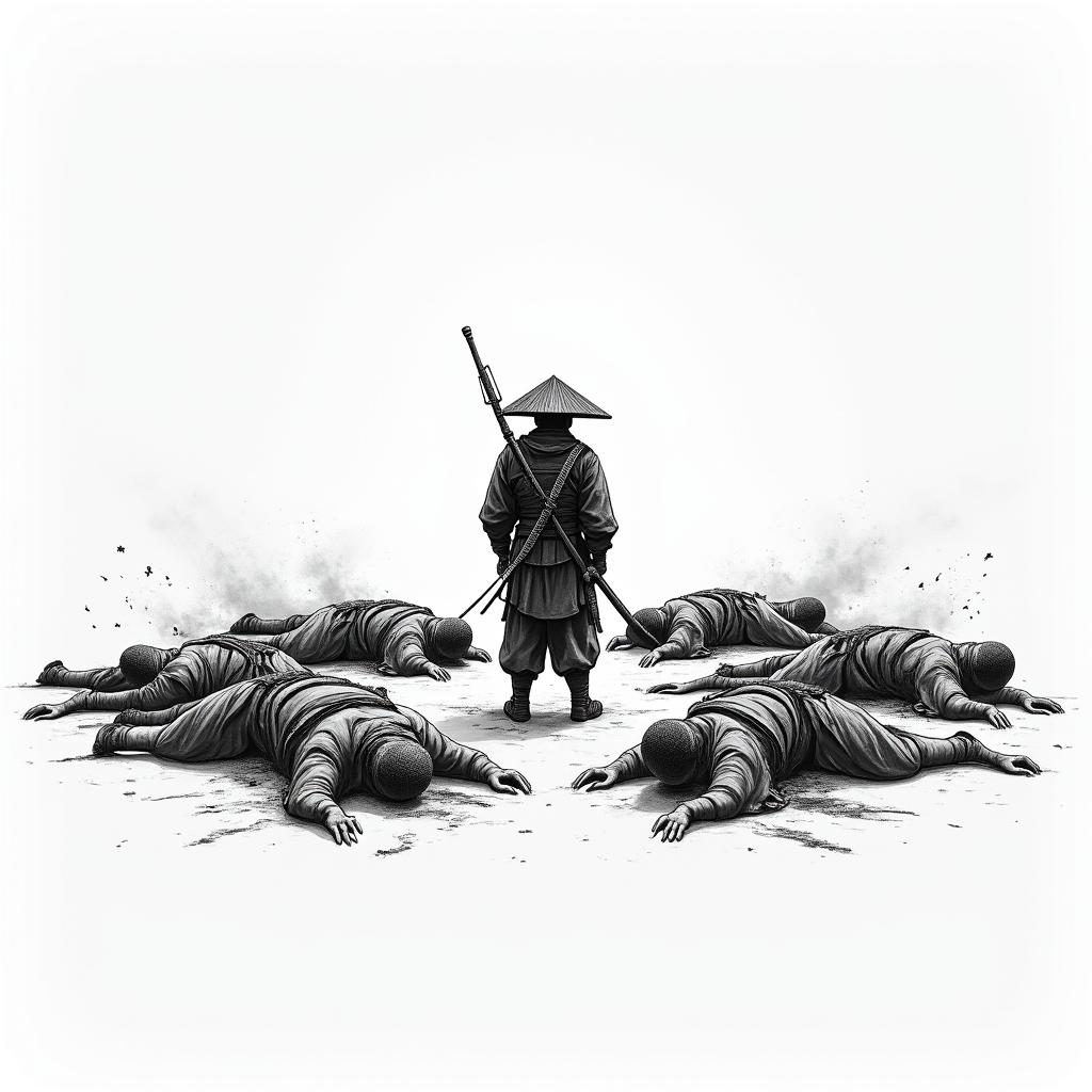 Japanese battle scene. 1 lone soldier left. Bodies on the ground behind himin japanese style tattoo, detailed tattoo, traditional japanese culture tattoo, mythology, 8k - Variation 2