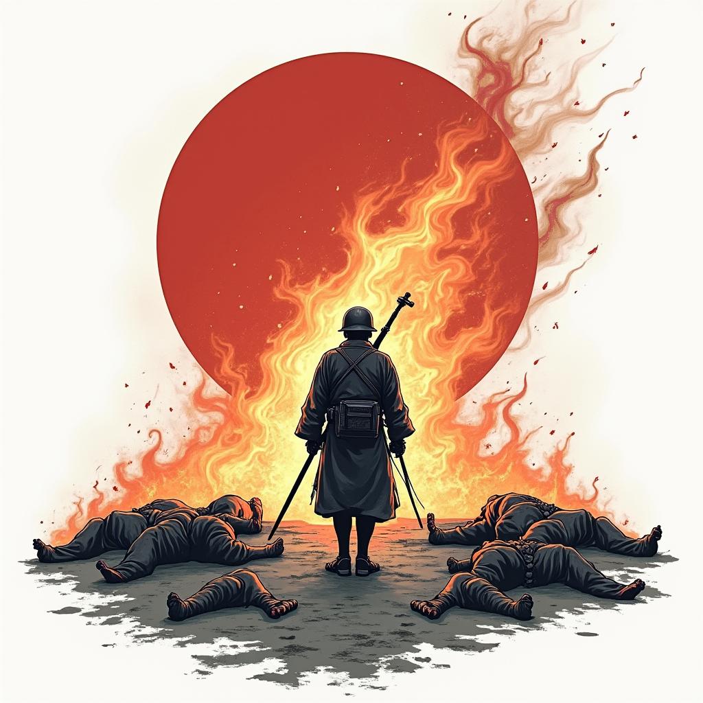 Japanese battle scene. 1 lone soldier left. Bodies on the ground behind himin flame tattoo style showcasing fiery elements with dynamic flame patterns, glowing effect of flames, natural colors - Variation 2