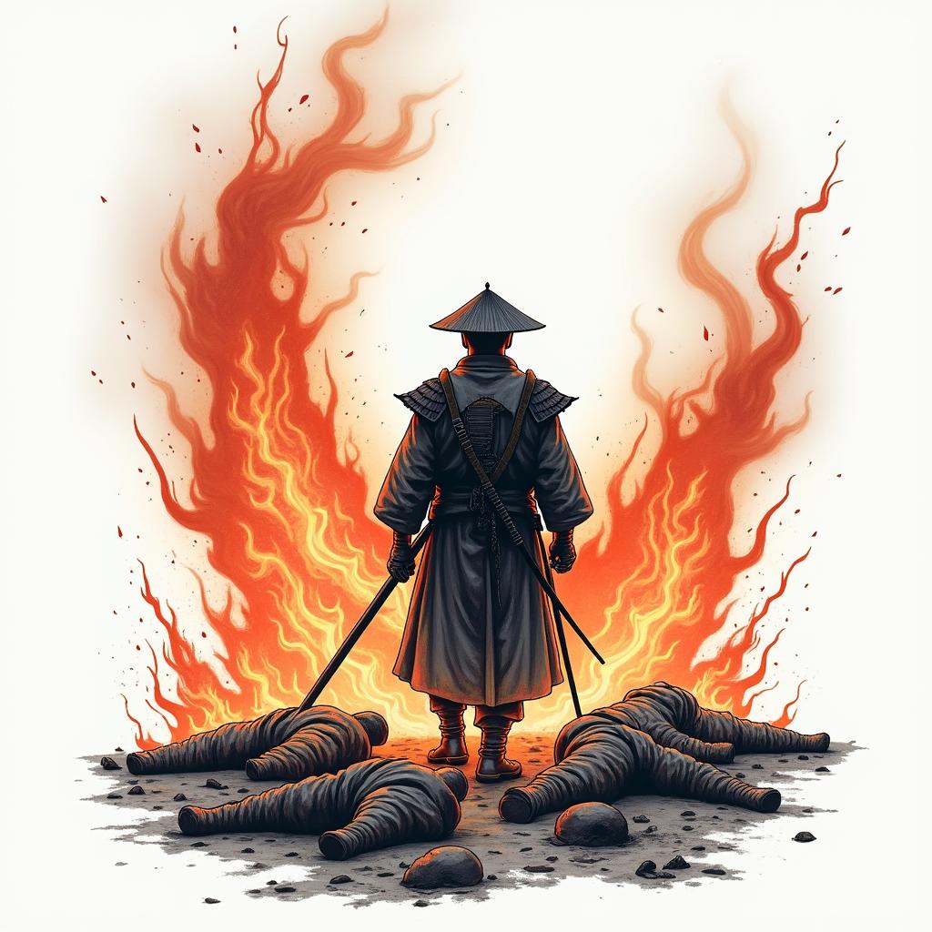 Japanese battle scene. 1 lone soldier left. Bodies on the ground behind himin flame tattoo style showcasing fiery elements with dynamic flame patterns, glowing effect of flames, natural colors