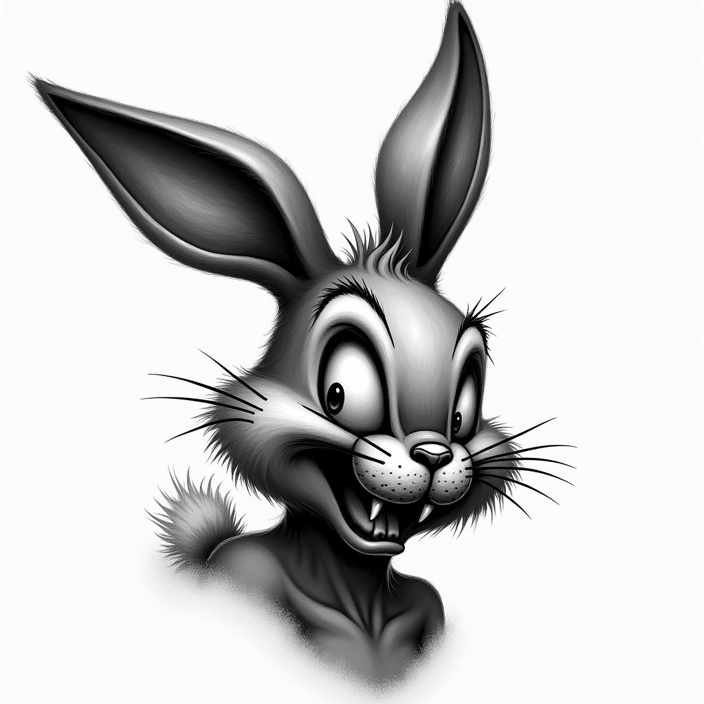 Bug Bunny Looney Tunes in horror tattoo style, showcasing haunting and unsettling, dark and gritty textures with skulls, eerie faces, jgged designs, bold and intense shading - Variation 2