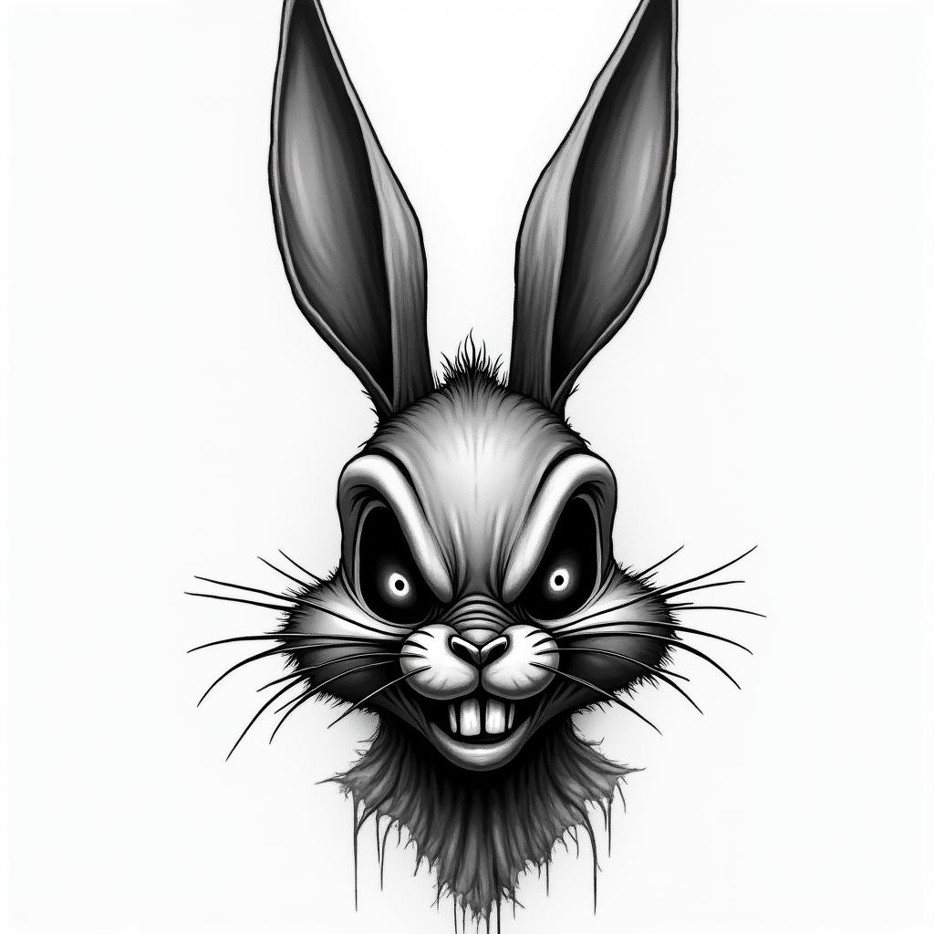 Bug Bunny Looney Tunes in horror tattoo style, showcasing haunting and unsettling, dark and gritty textures with skulls, eerie faces, jgged designs, bold and intense shading - Variation 3
